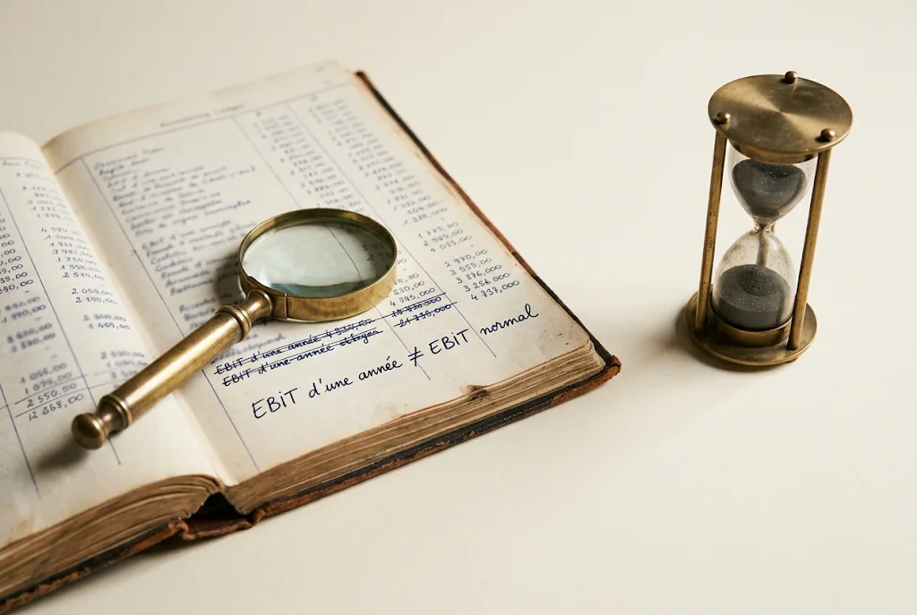EV/EBIT et cycle : sablier, registre comptable et loupe