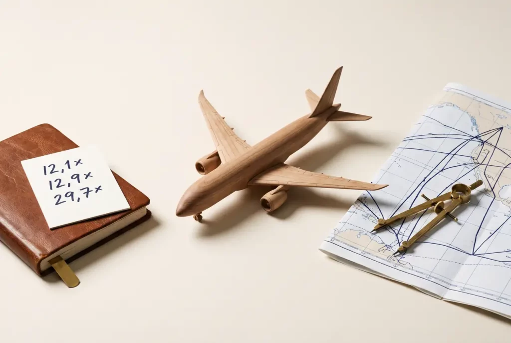 EV/EBIT de trois compagnies aériennes : maquette d’avion en bois, carte des routes et compas